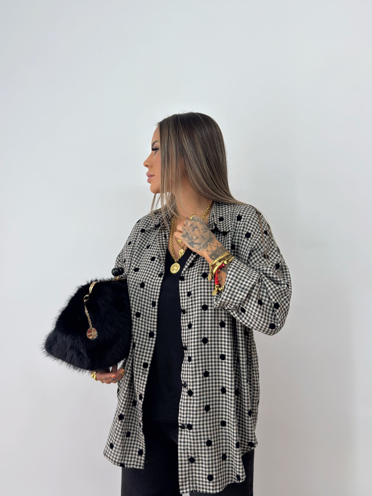 CAMISA OVER VICHY DOTS