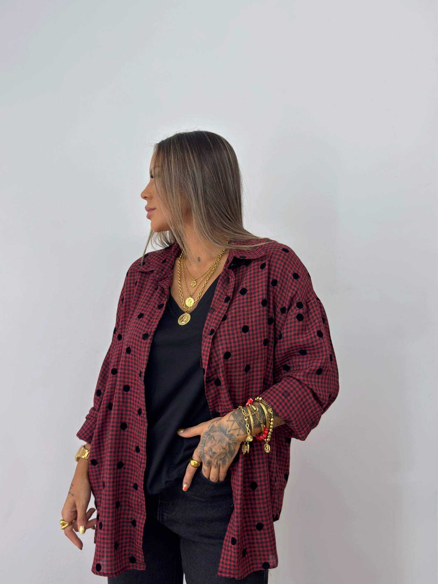 CAMISA OVER VICHY DOTS