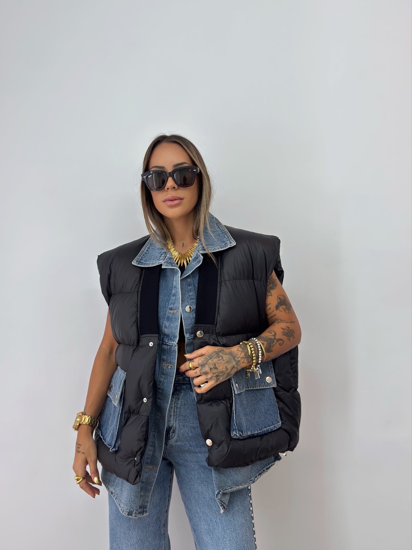 CHALECO OVER PREMIUM COMBI DENIM