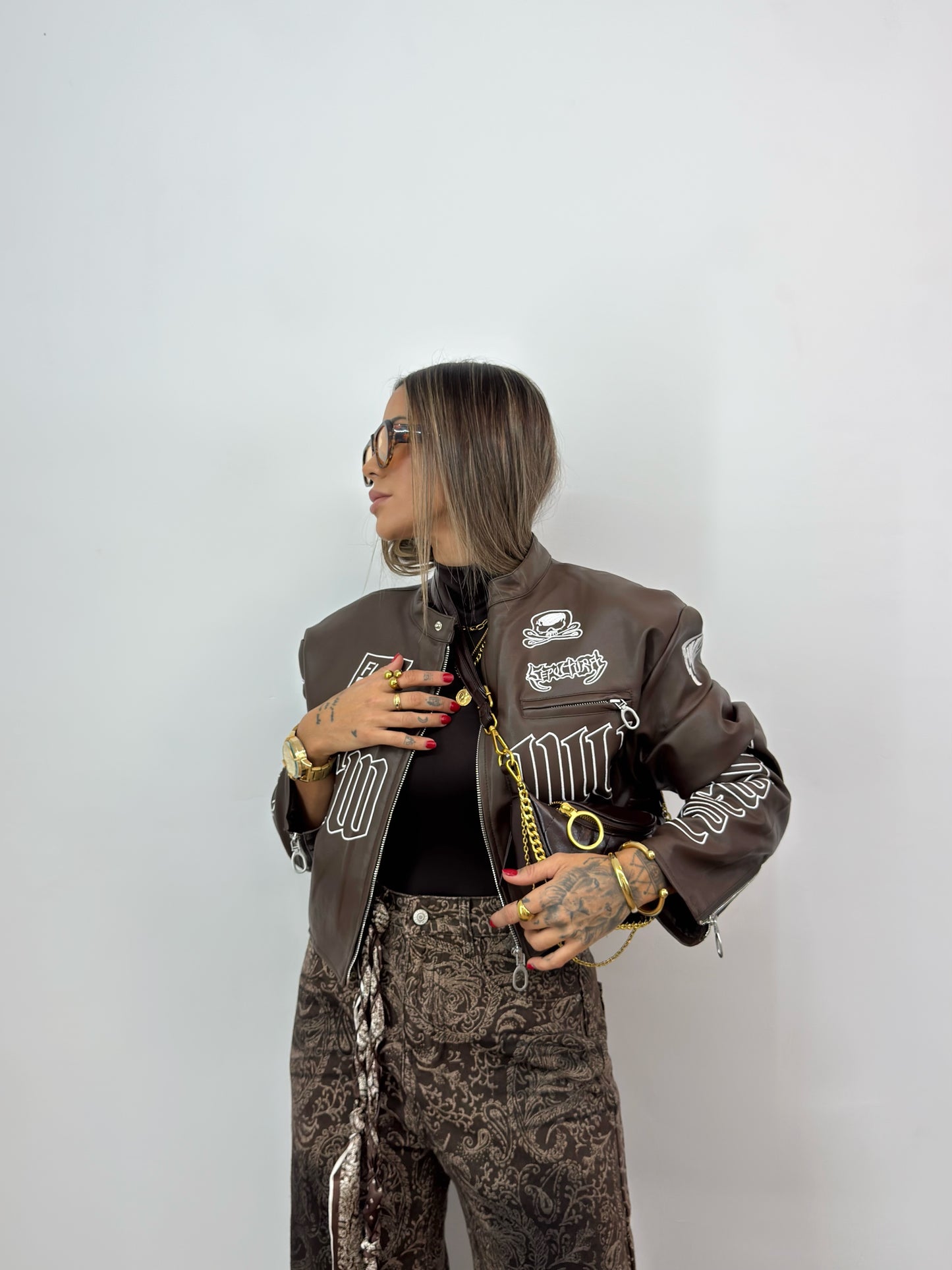 BIKER CROPPED PREMIUM FLORA CHOCO