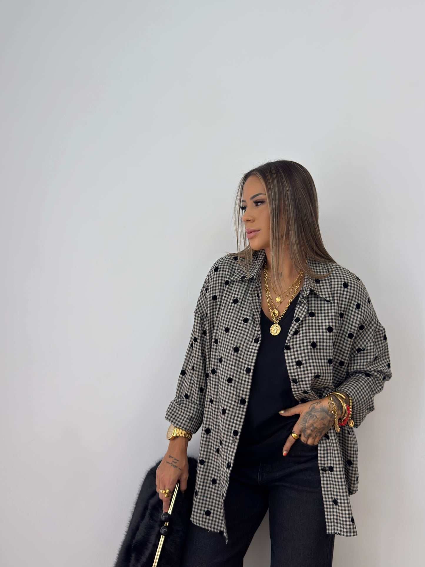 CAMISA OVER VICHY DOTS