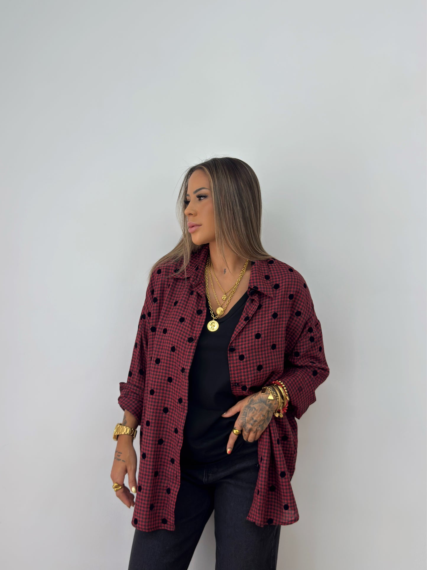 CAMISA OVER VICHY DOTS