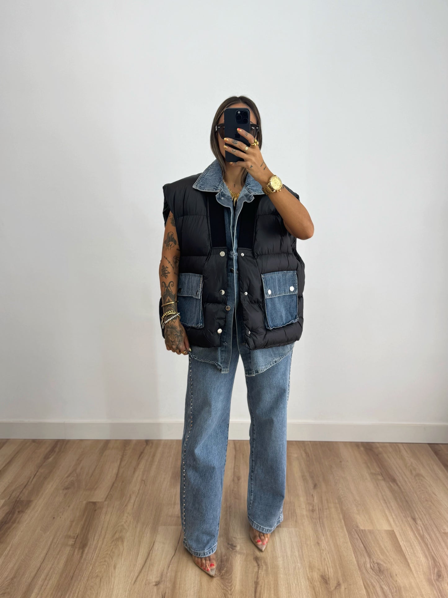 CHALECO OVER PREMIUM COMBI DENIM
