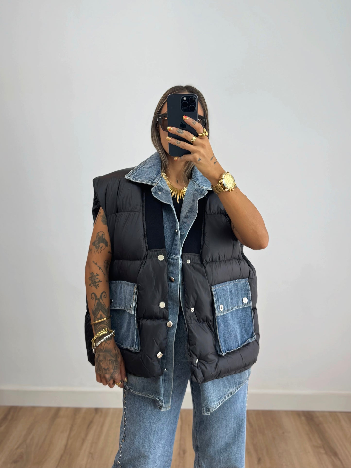 CHALECO OVER PREMIUM COMBI DENIM