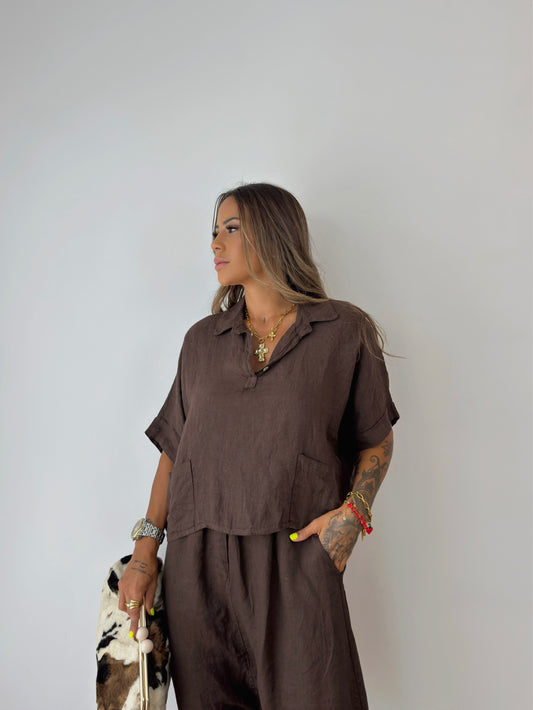 CAMISA CROPPED PURO LINO ROURI BROWN