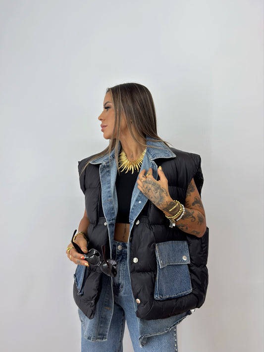 CHALECO OVER PREMIUM COMBI DENIM