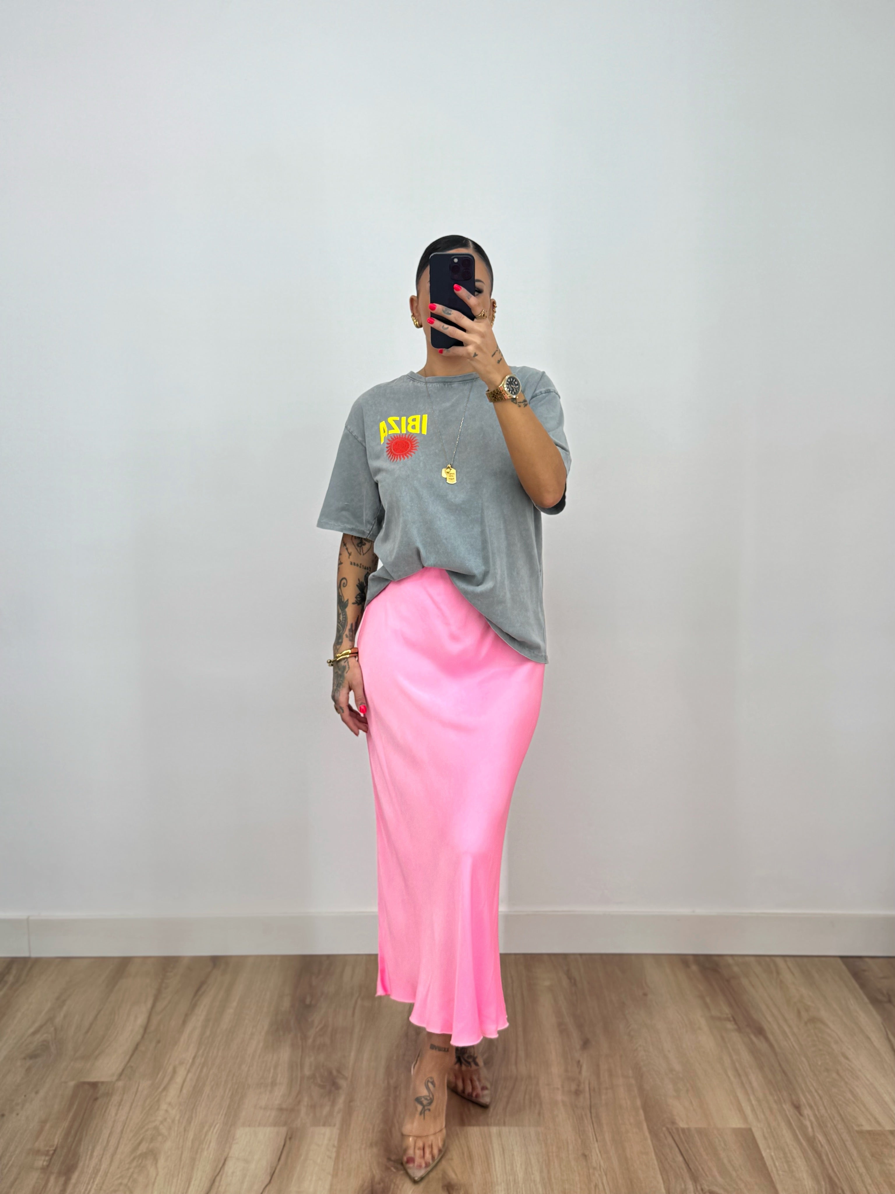 FALDA SATINADA FLÚOR PINK