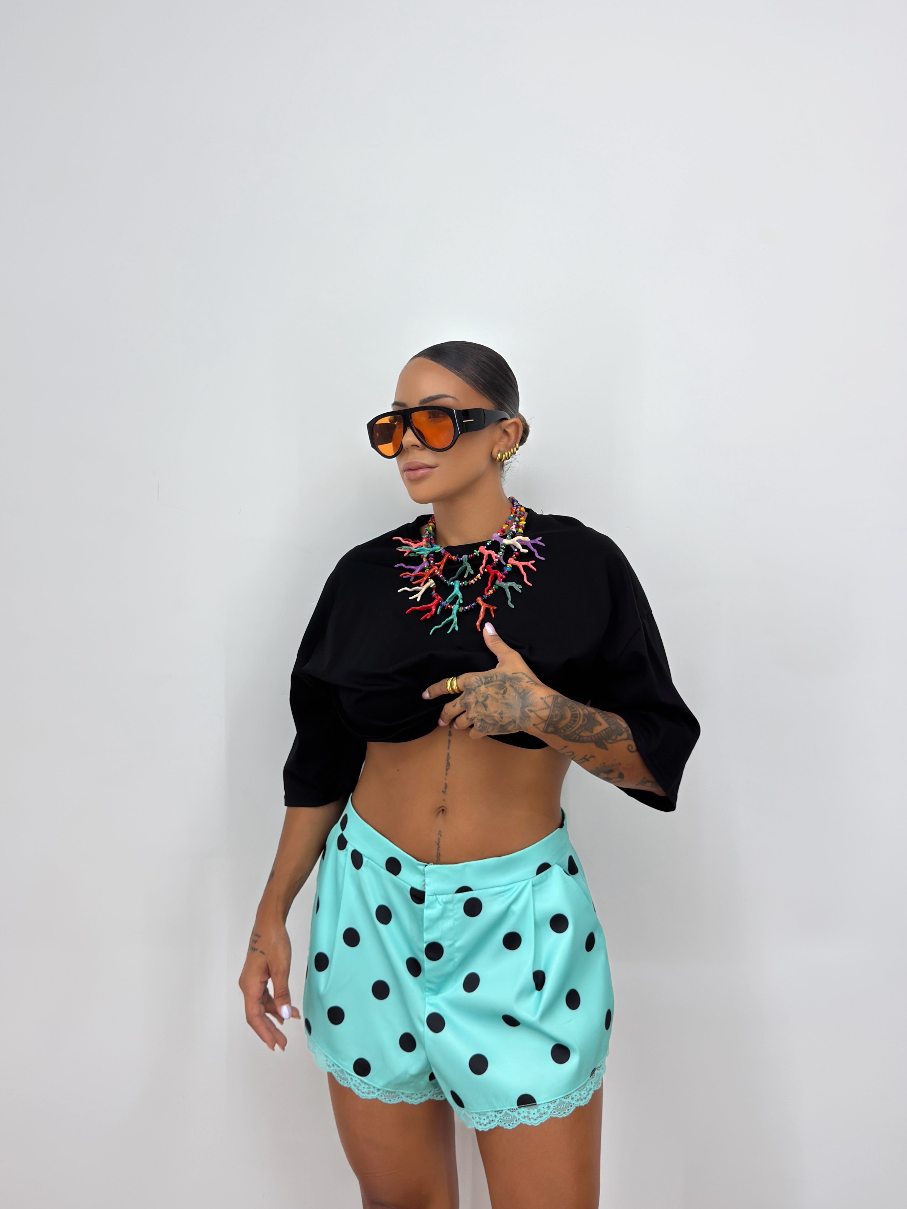 SHORT PREMIUM SATINADO POLKA DOTS AQUA